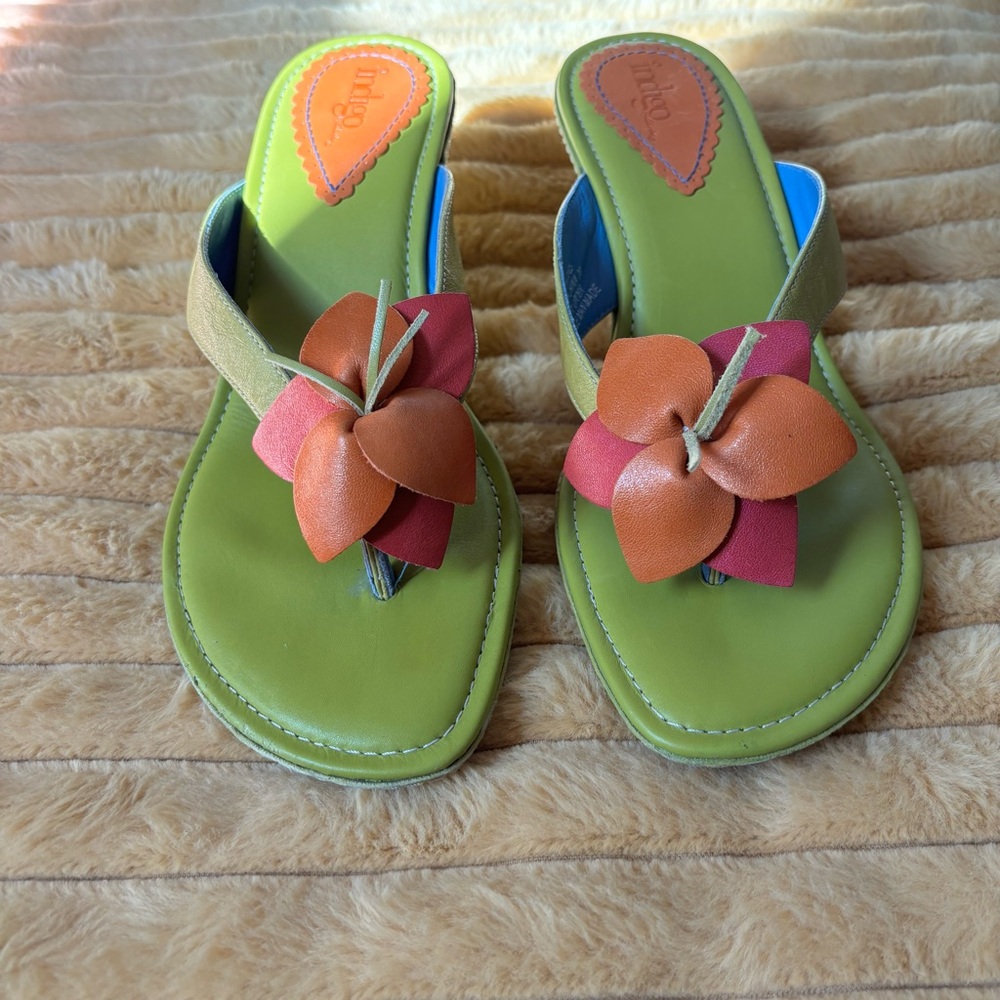 Indigo Green and Orange Sandals with Floral Accents